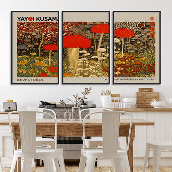 38013-MGV-CV-36X24-Yayoi Kusama Inspired Mushroom Garden Wall Art – Whimsical Botanical Canvas Print, Surreal Nature Poster, Fantasy Floral Artwork