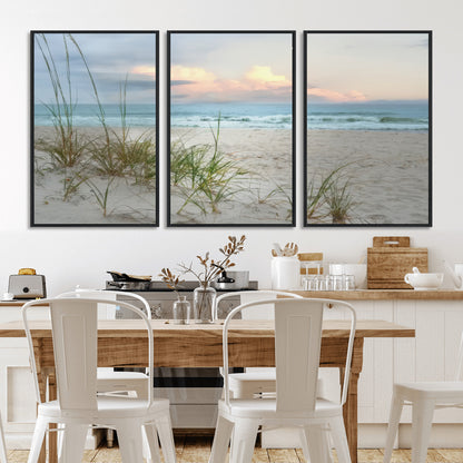 Test1001-MGV-CV-36X24-Coastal Beach Wall Art – Panoramic Ocean Waves and Sandy Dunes Canvas Print, Serene Seascape with Sea Oats for Relaxing Home or