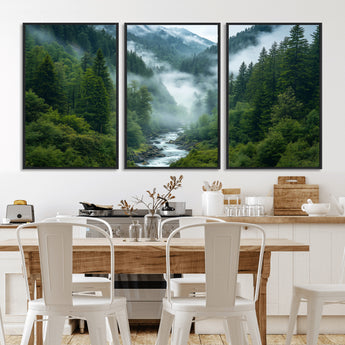 69453-MGV-CV-36X24-Mountain Forest Wall Art – Misty River and Evergreen Landscape Canvas Print, Nature Photography Poster for Living Room, Bedroom,
