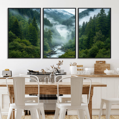 69453-MGV-CV-36X24-Mountain Forest Wall Art – Misty River and Evergreen Landscape Canvas Print, Nature Photography Poster for Living Room, Bedroom,
