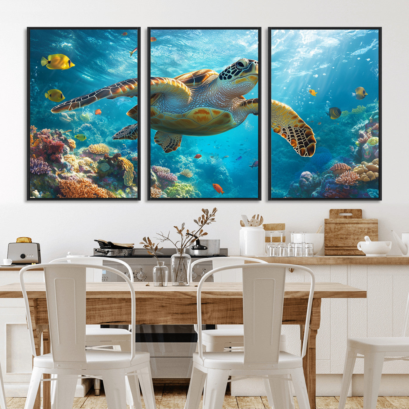 37623-MGV-CV-36X24-Sea Turtle Wall Art – Underwater Ocean Canvas Print with Coral Reef and Tropical Fish, Marine Life Painting Poster for Living