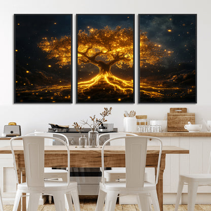 60194-MGV-CV-36X24-Glowing Tree Wall Art – Golden Roots Fantasy Canvas Print, Mystical Illuminated Tree Painting Poster for Living Room, Bedroom,