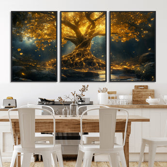 92739-MGV-CV-36X24-Glowing Tree Wall Art – Enchanted Golden Forest Canvas Print, Mystical Illuminated Nature Painting Poster for Living Room,