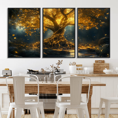92739-MGV-CV-36X24-Glowing Tree Wall Art – Enchanted Golden Forest Canvas Print, Mystical Illuminated Nature Painting Poster for Living Room,