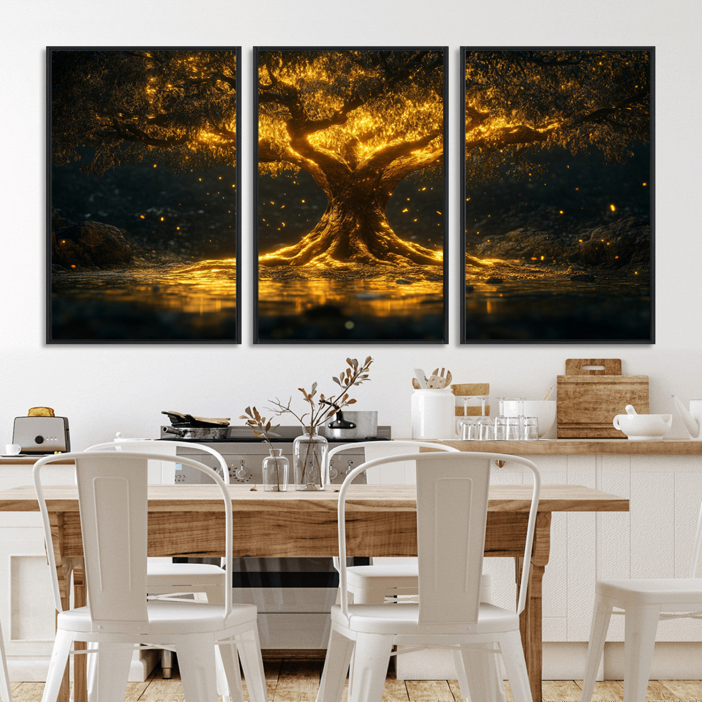 59580-MGV-CV-36X24-Glowing Tree Wall Art – Golden Fantasy Nature Canvas Print, Mystical Illuminated Tree Painting Poster for Living Room, Bedroom,