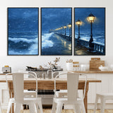 32668-MGV-CV-36X24-Stormy Pier Wall Art – Ocean Waves and Street Lamps Canvas Print, Rainy Night Seascape Oil Painting Poster for Living Room,