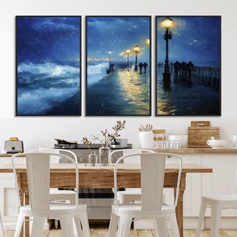 94571-MGV-CV-36X24-Seaside Night Wall Art – Ocean Waves and Street Lamps Canvas Print, Rainy City Pier Oil Painting Poster for Living Room, Bedroom,