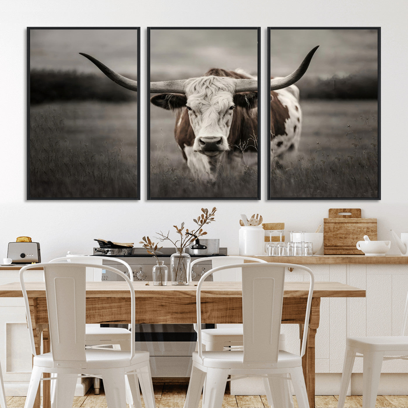 69238-MGV-CV-36X24-Longhorn Bull Wall Art – Rustic Black and White Texas Cattle Canvas Print, Western Farmhouse Animal Photography for Living Room,