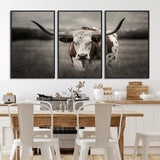 69238-MGV-CV-36X24-Longhorn Bull Wall Art – Rustic Black and White Texas Cattle Canvas Print, Western Farmhouse Animal Photography for Living Room,