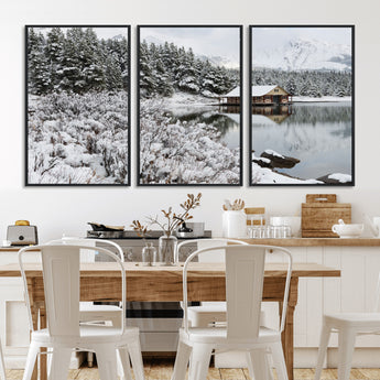 94285-MGV-FC-60X30-3P_Black-Snowy Cabin Wall Art Canvas Print, Framed Winter Cabin Art Picture Print, Mountain Lake Perfect Snowy Nature Decor Artwork