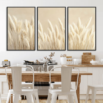 81444-MGV-FC-60X30-3P_Black-Pampas Grass Wall Art Canvas Print, Framed Beige Pampas Grass Art Picture Print, Minimalist Beige Perfect Minimalist Nature Decor