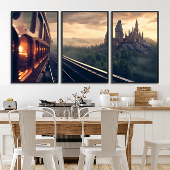 84029-MGV-FC-60X30-3P_Black-Fantasy Castle Wall Art – Magical Train Sunset Forest Canvas Print, Enchanted Landscape Painting Poster for Living Room, Bedroom,
