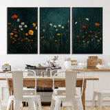 87037-MGV-FC-60X30-3P_Black-Wildflower Wall Art – Dark Botanical Floral Canvas Print, Modern Nature Painting Poster with Daisies Poppies Orange Flowers for