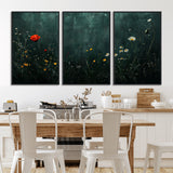 26218-MGV-FC-60X30-3P_Black-Wildflower Wall Art – Dark Botanical Floral Canvas Print, Modern Nature Painting Poster with Daisy Poppy Yellow Flowers for Living