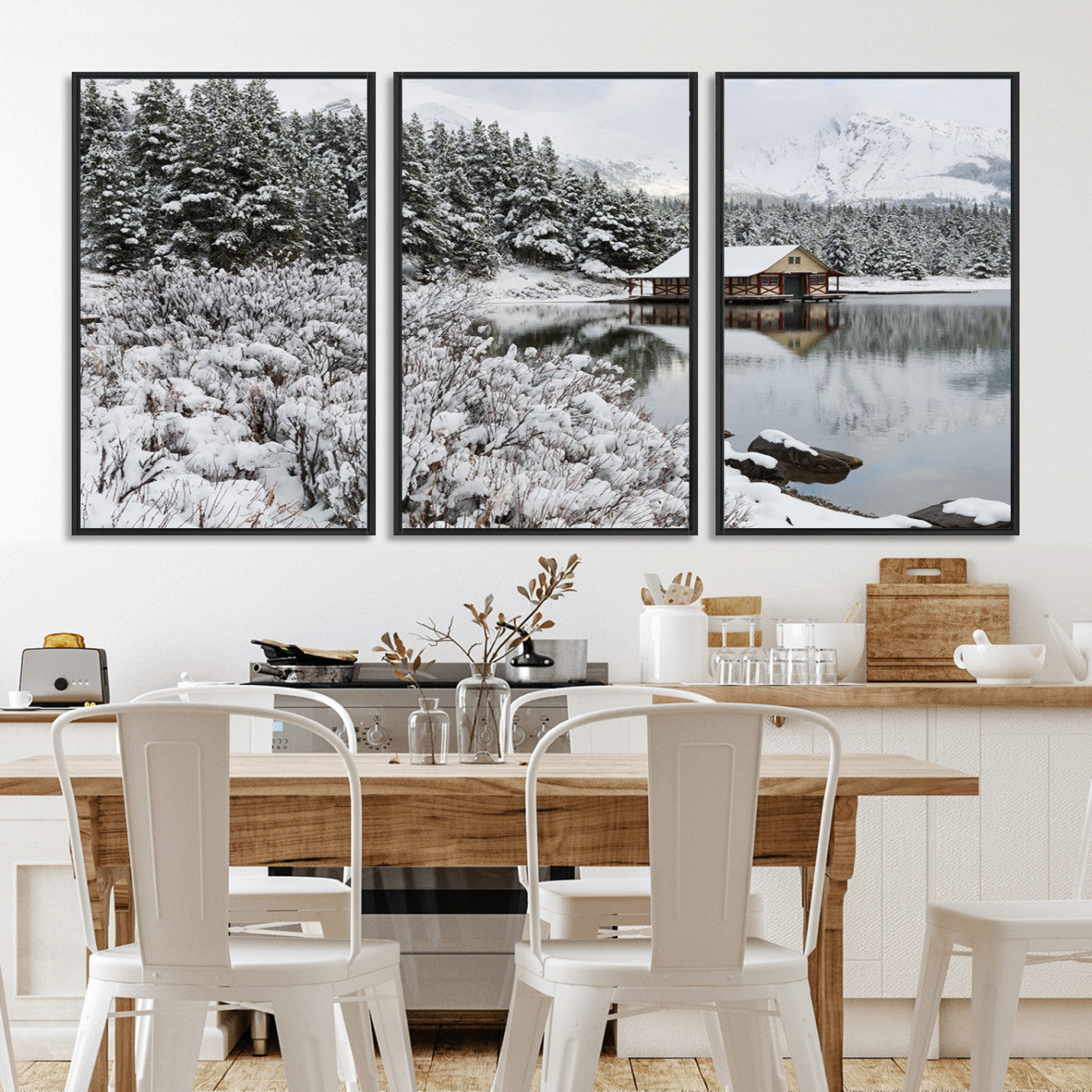 29975-MGV-CV-36X24-Winter Cabin by the Lake Wall Art – Snowy Mountain Landscape Canvas Print, Rustic Lodge Cabin Decor for Cozy Living Room, Bedroom