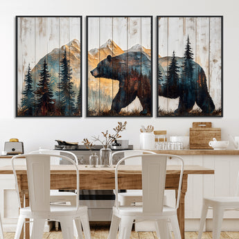 90077-MGV-FC-60X30-3P_Black-Wood Grizzly Bear Wall Art Canvas Print, Framed Abstract Bear Art Picture Print, Bear in Forest Perfect Rustic Lodge Decor Artwork