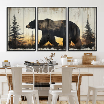 83875-MGV-FC-60X30-3P_Black-Sunset Bear Wall Art – Rustic Wildlife Canvas Print with Forest Silhouette, Cabin Lodge Decor for Living Room or Office
