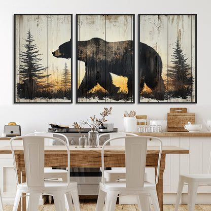 83875-MGV-FC-60X30-3P_Black-Sunset Bear Wall Art – Rustic Wildlife Canvas Print with Forest Silhouette, Cabin Lodge Decor for Living Room or Office