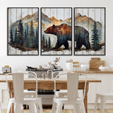 55777-MGV-FC-60X30-3P_Black-Rustic Bear Wall Art Canvas Print, Framed Mountain and Forest Art Picture Print, Wooden Bear Perfect Rustic Lodge Decor Artwork