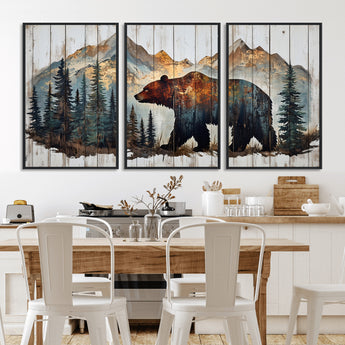 55777-MGV-FC-60X30-3P_Black-Rustic Bear Wall Art Canvas Print, Framed Mountain and Forest Art Picture Print, Wooden Bear Perfect Rustic Lodge Decor Artwork