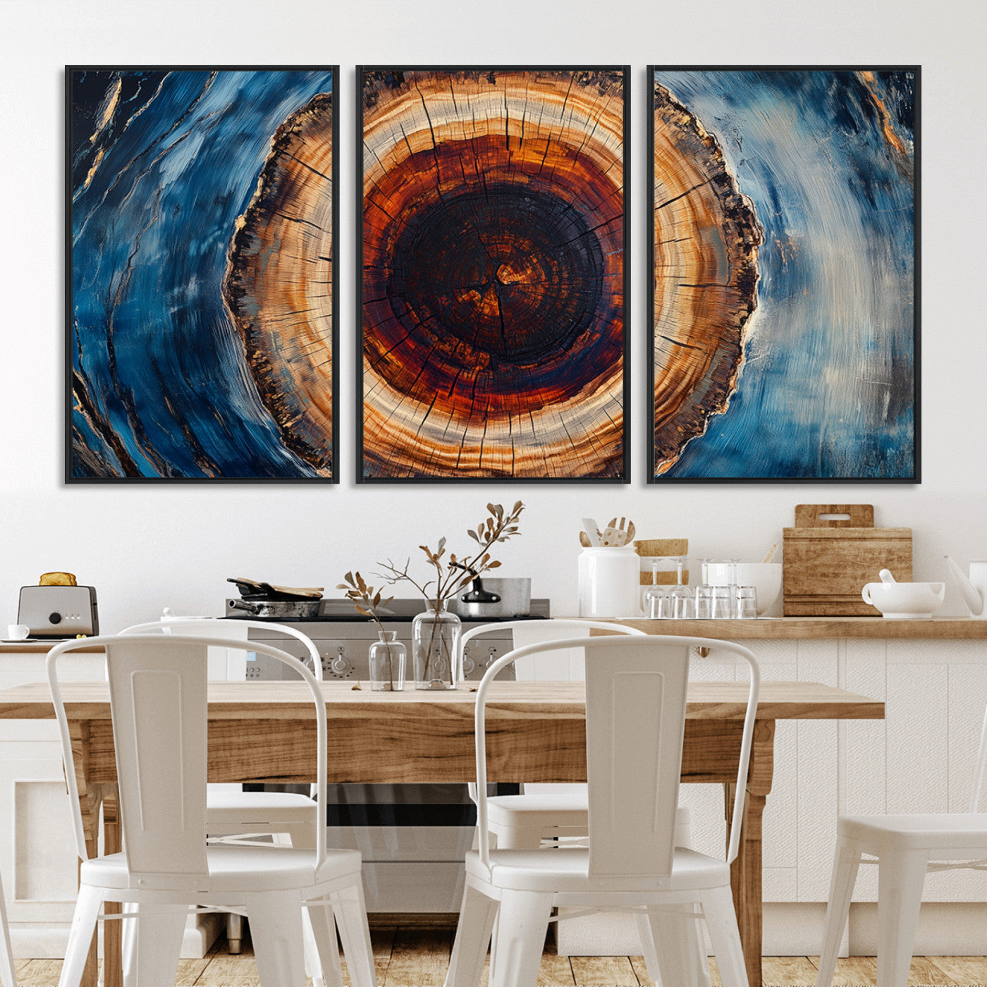 30457-MGV-CV-36X24-Tree Ring Abstract Wall Art – Blue and Brown Wood Grain Canvas Print, Modern Nature Inspired Painting for Rustic Living Room,