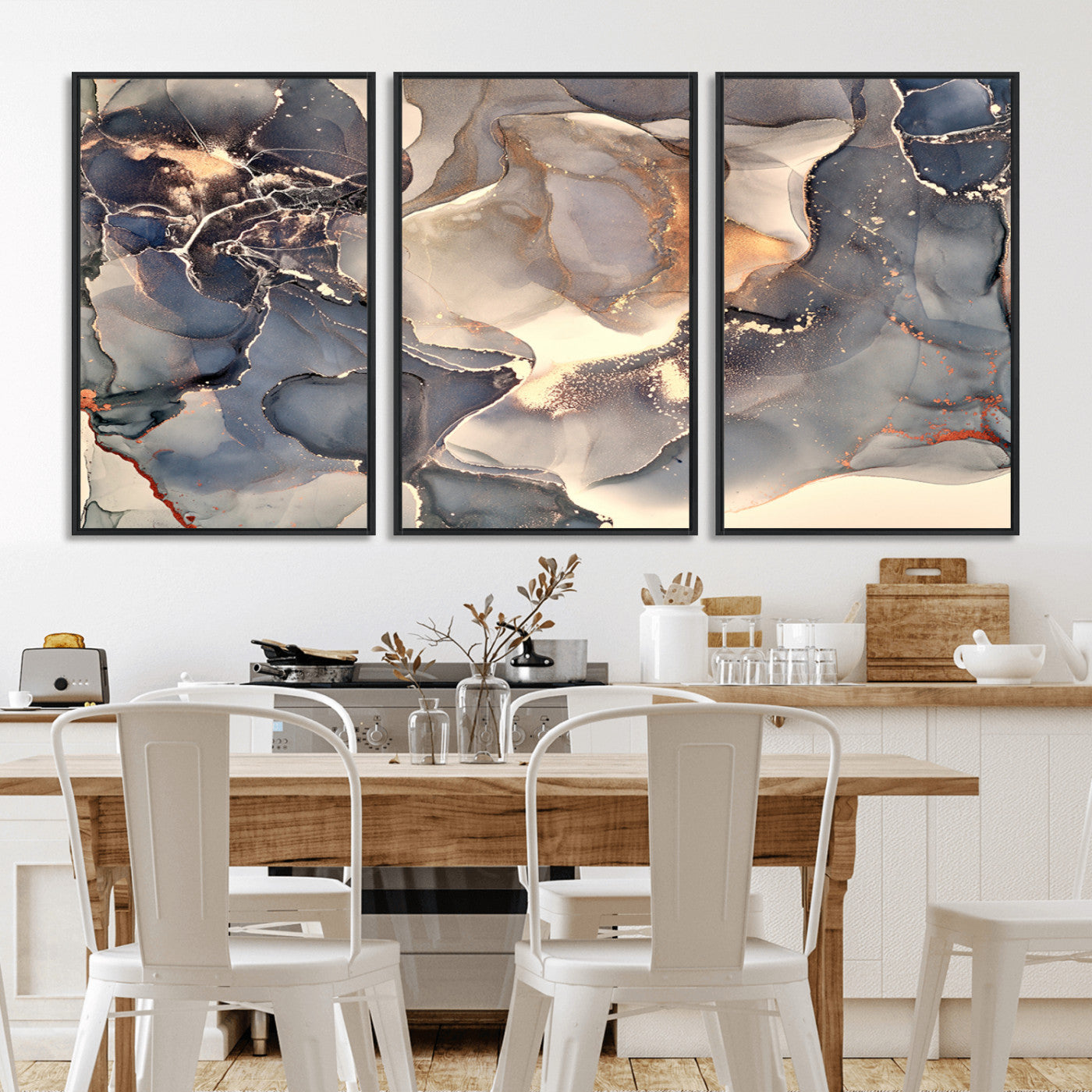 18202-MGV-CV-36X24-Abstract Neutral Wall Art – Blue, Beige and Gold Fluid Ink Canvas Print, Modern Minimalist Painting for Living Room, Office