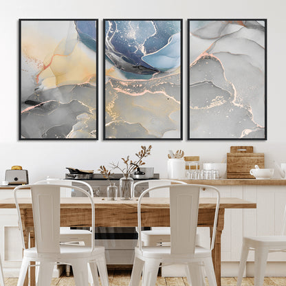 18176-MGV-CV-36X24-Abstract Fluid Wall Art – Modern Marble Ink Canvas Print with Blue, Gold, and Gray Tones, Contemporary Minimal Artwork Decor for