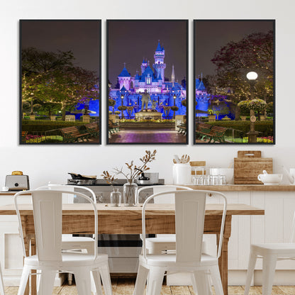 63560-MGV-CV-36X24-Fairy Tale Castle Wall Art – Magical Night Scene Canvas Print with Lights and Gardens, Fantasy Architecture Artwork for Living