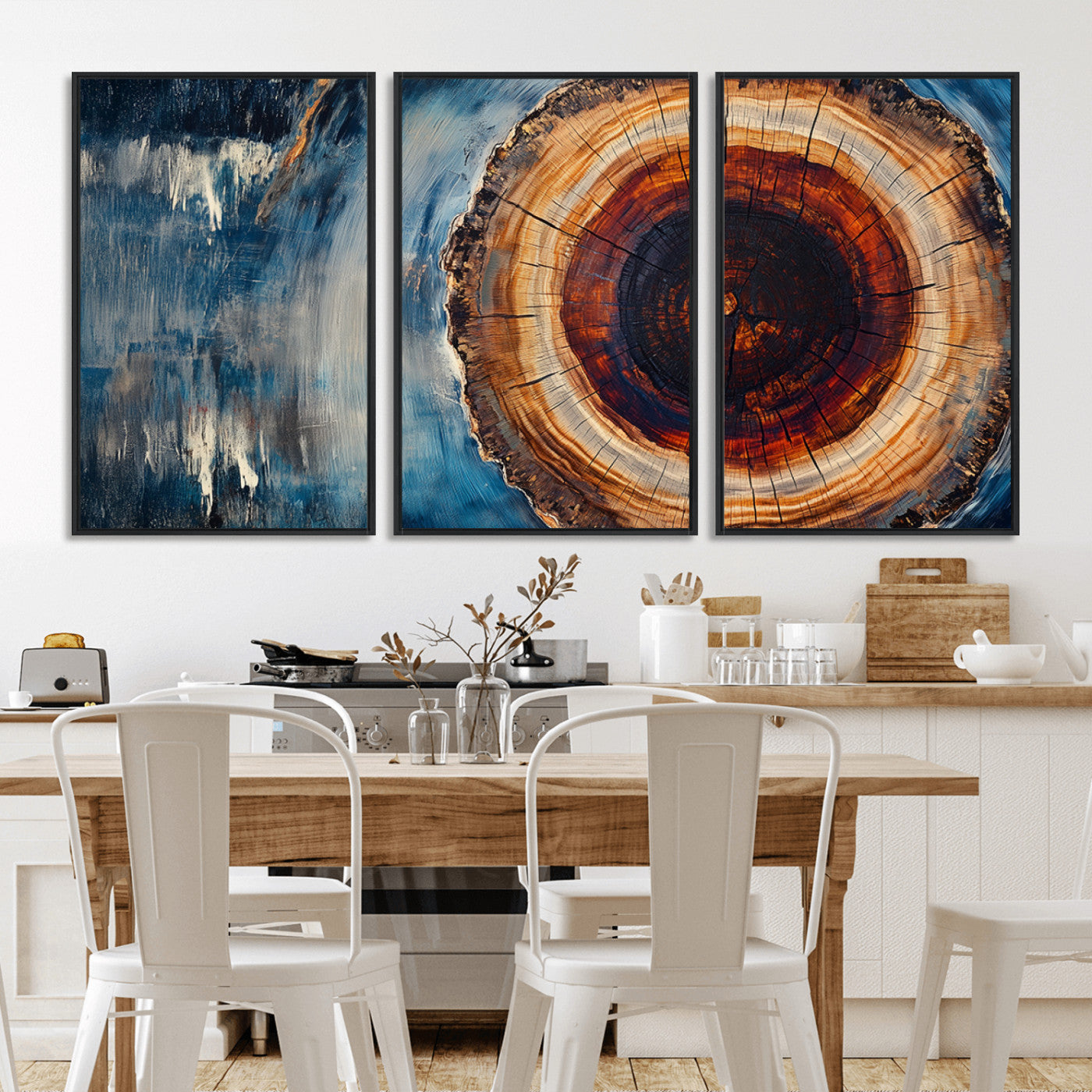 48045-MGV-FC-60X30-3P_Black-Tree Ring Abstract Wall Art – Rustic Wood Grain Canvas Print with Brown Center and Blue Brush Strokes, Nature Inspired Artwork for