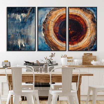 48045-MGV-FC-60X30-3P_Black-Tree Ring Abstract Wall Art – Rustic Wood Grain Canvas Print with Brown Center and Blue Brush Strokes, Nature Inspired Artwork for