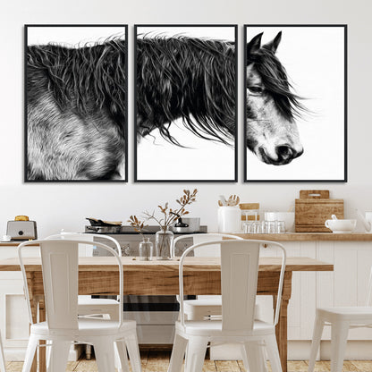 57694-MGV-CV-36X24-Horse Portrait Wall Art – Black and White Canvas Print with Detailed Stallion Profile, Rustic Farmhouse Equestrian Artwork for