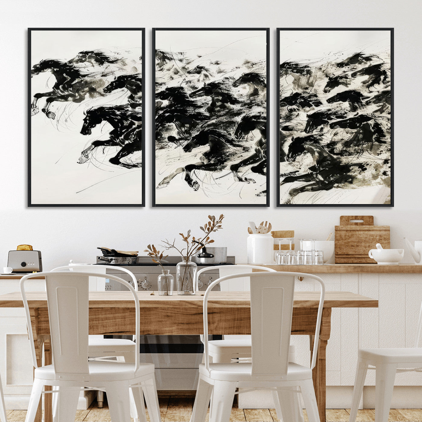 23069-MGV-CV-36X24-Galloping Horses Wall Art – Black Ink Painting on Canvas, Dynamic Equestrian Artwork with Running Stallions, Expressive Modern