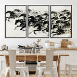 23069-MGV-CV-36X24-Galloping Horses Wall Art – Black Ink Painting on Canvas, Dynamic Equestrian Artwork with Running Stallions, Expressive Modern