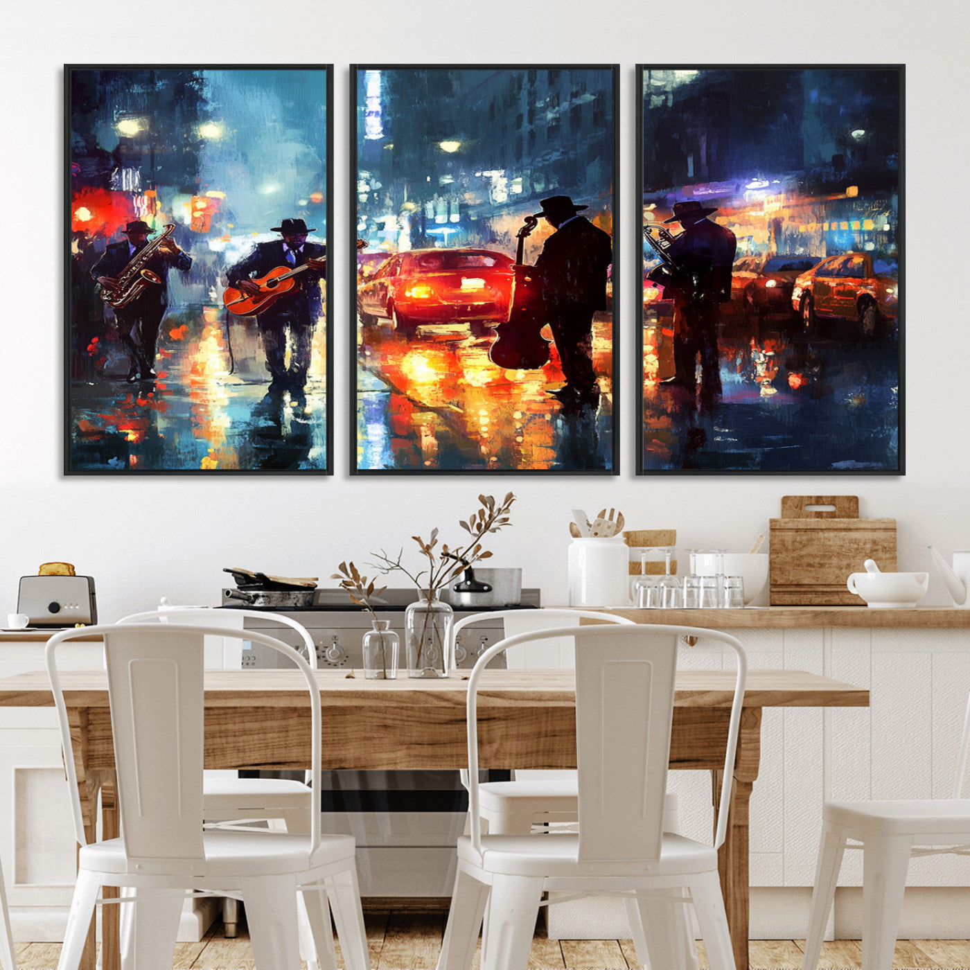 94605-MGV-CV-36X24-City Jazz Night Wall Art – Vibrant Music Canvas Print Featuring Saxophone, Guitar and Bass Players, Urban Street Scene Artwork for