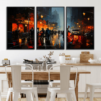 46538-MGV-CV-36X24-Urban Jazz Night Wall Art – Dramatic Music Canvas Print with Double Bass and Street Musicians, Modern City Scene Artwork for