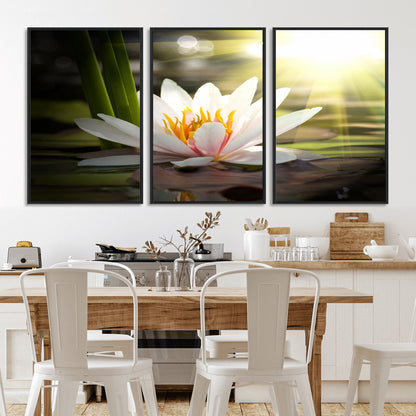 40478-MGV-CV-36X24-Water Lily Wall Art – White Lotus Flower Canvas Print with Sunlight Reflection, Serene Botanical Artwork for Living Room, Bedroom,