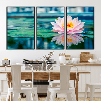 65933-MGV-CV-36X24-Pink Water Lily Wall Art – Lotus Flower Canvas Print with Reflection on Calm Water, Peaceful Botanical Artwork for Living Room,