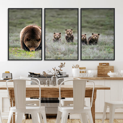 65087B-MGV-CV-36X24-Bear Family Wall Art – Wildlife Canvas Print Featuring Mother Bear with Cubs in Nature, Rustic Animal Artwork for Living Room,