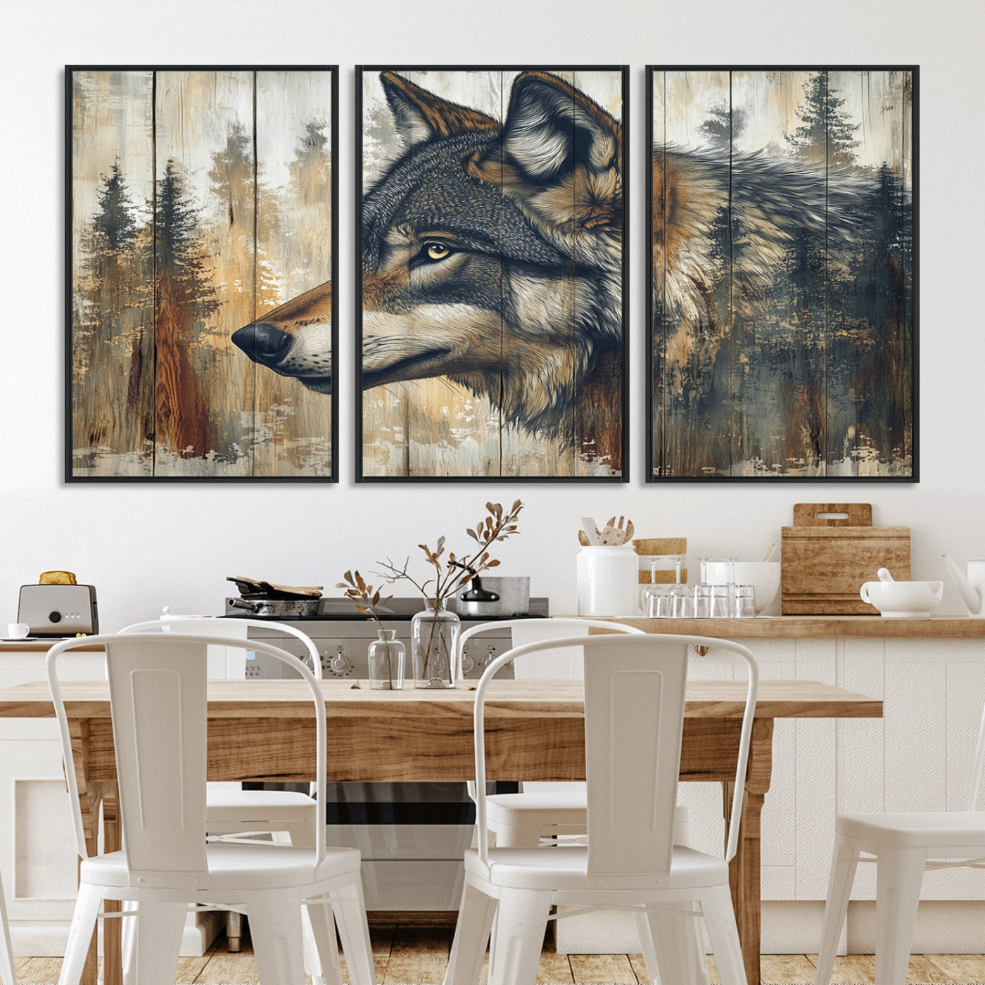 91882-MGV-FC-60X30-3P_Black-Wolf Wall Art – Rustic Canvas Print of Forest Wolf on Wood Background, Wildlife Lodge Artwork for Living Room, Bedroom, Cabin, or