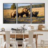 43400-MGV-CV-36X24-Bear Family Wall Art – Wildlife Canvas Print of Mother Bear with Cubs in Sunlit Meadow, Rustic Animal Artwork for Living Room,