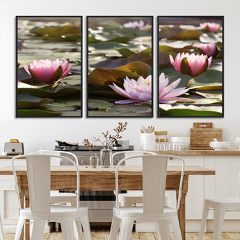 28394-MGV-CV-36X24-Water Lily Pond Wall Art – Pink Lotus Flowers Canvas Print with Green Lily Pads, Peaceful Botanical Artwork for Living Room,
