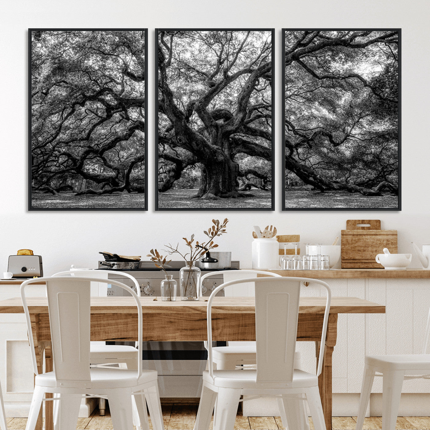 132944706-MGV-CV-36X24-Ancient Tree Wall Art – Black and White Photography Canvas Print Featuring Majestic Twisting Branches, Rustic Nature Artwork for
