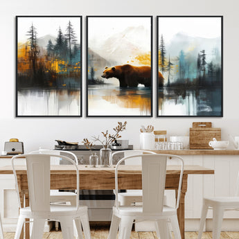 50308-MGV-FC-60X30-3P_Black-Abstract Rustic Bear Wall Art – Forest and Mountain Scene Canvas Print, Nature Artwork for Modern Farmhouse or Log Cabin Decor