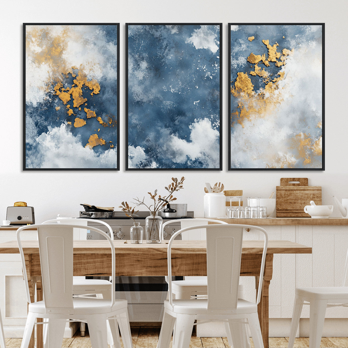 39575-MGV-CV-36X24-Blue and Gold Abstract Wall Art – Modern Canvas Print Featuring Cloudy Textures with Metallic Accents, Contemporary Artwork for