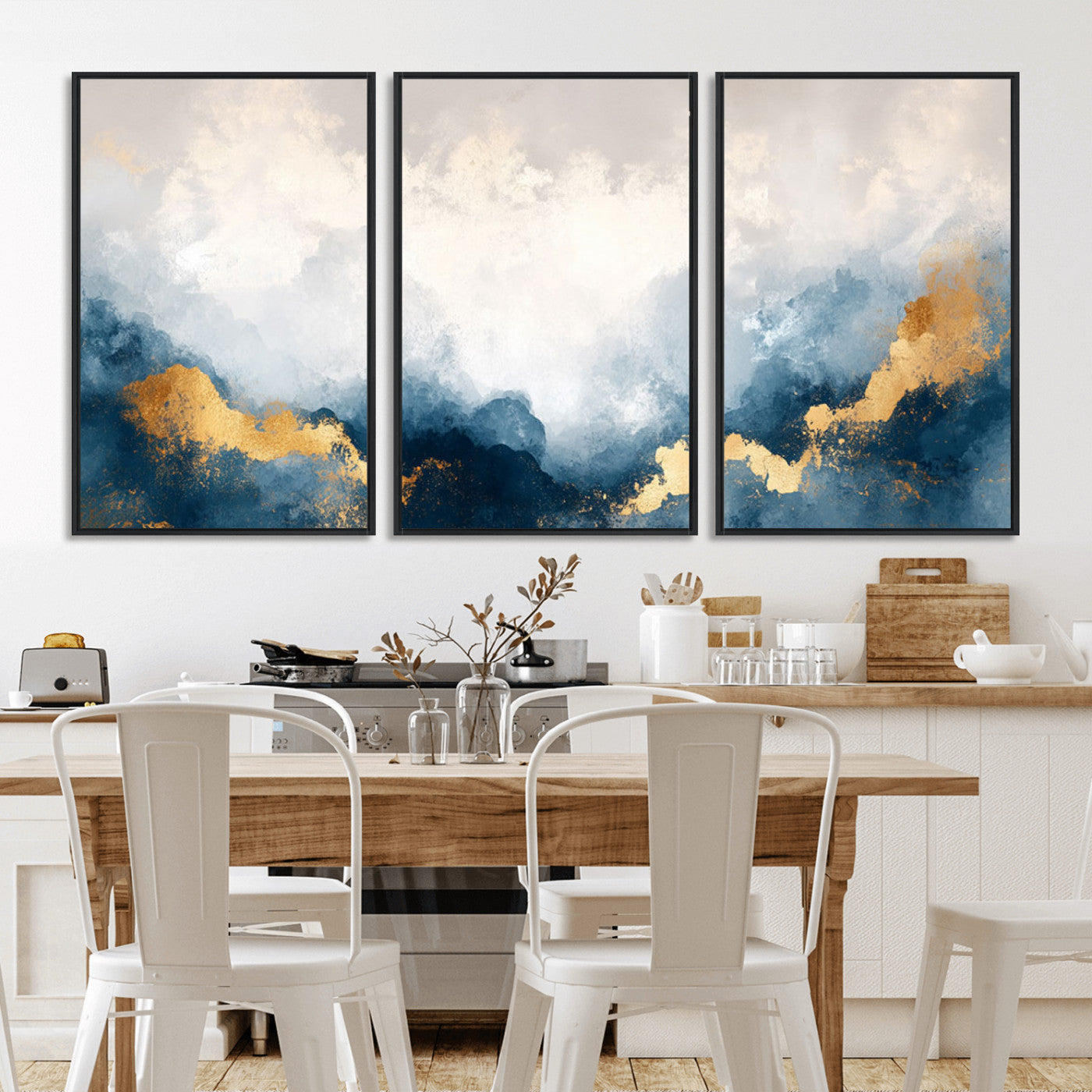 14578-MGV-CV-36X24-Abstract Wall Art – Modern Canvas Print Featuring Blue and White Clouds with Golden Accents, Contemporary Elegant Artwork for