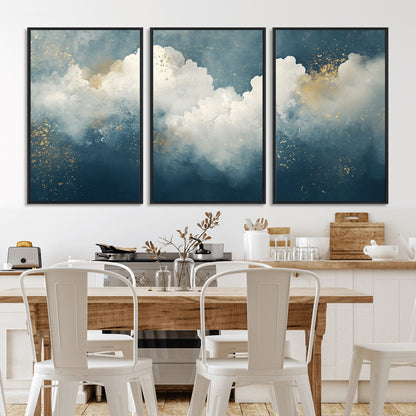 75131-MGV-CV-36X24-Abstract Cloud Wall Art – Modern Canvas Print Featuring Blue and White Clouds with Golden Accents, Contemporary Artwork for Living