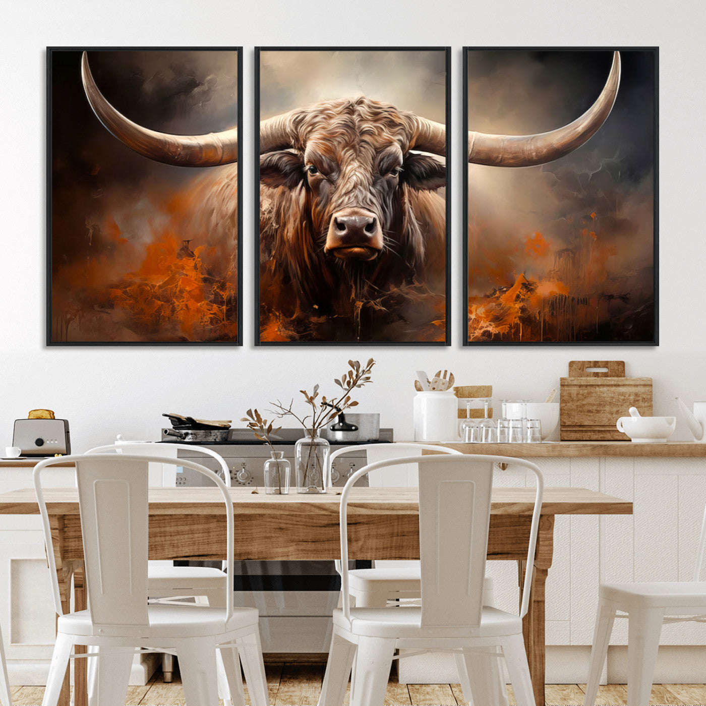 240479-MGV-CV-36X24-Longhorn Bull Wall Art – Dramatic Western Canvas Print Featuring Horned Bull with Fiery Background, Rustic Farmhouse Artwork for