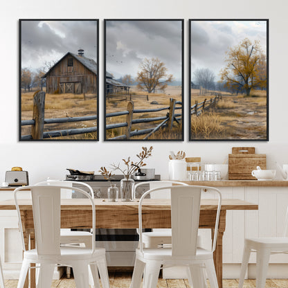 Farm1-MGV-FC-60X30-3P_Black-Rustic Autumn Farmhouse Wall Art – Serene Countryside Scene Canvas Print, Weathered Barn and Autumn Trees Decor for Living Room,