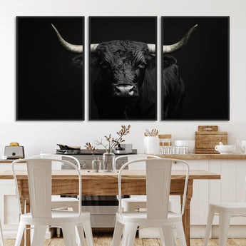 97914921-MGV-CV-36X24-Black Bull Wall Art Canvas Print, Framed Longhorn Bull Art Picture Print, Western Bull Perfect Monochrome Western Decor Artwork
