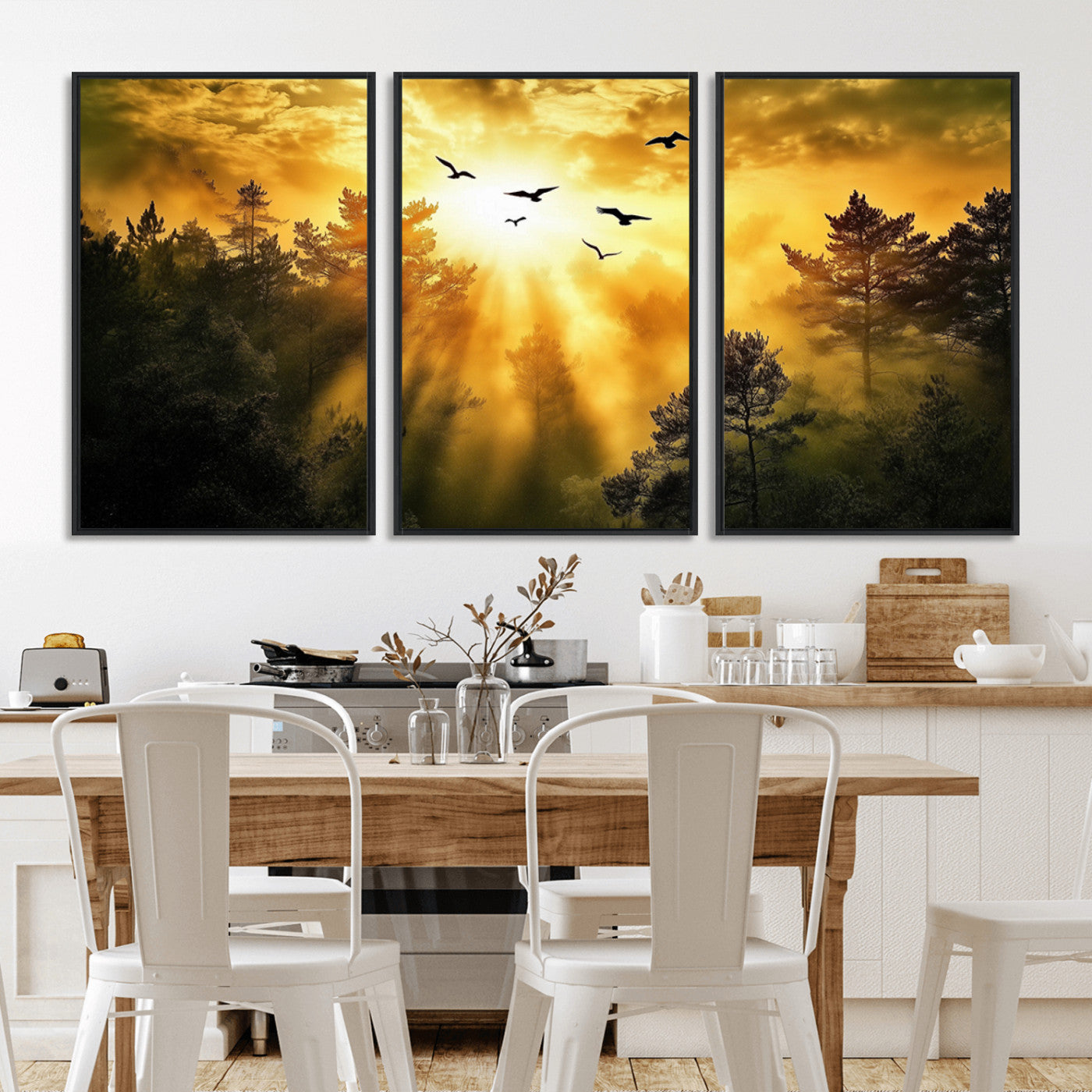 13776802-MGV-CV-36X24-Golden Forest Wall Art Canvas Print, Framed Sunset Pines Art Picture Print, Flying Birds Perfect Nature Glow Decor Artwork